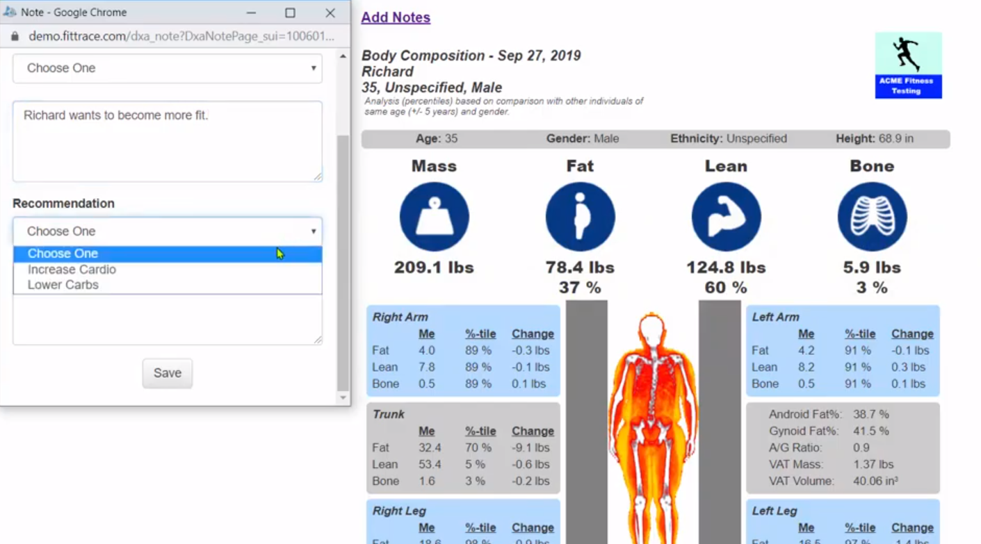 Notes can be added to a DXA body composition scan